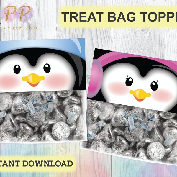 4" Christmas Boy Girl Penguin Treat Bag Toppers, Printables Décor Favor Candy Bag XMAS Topper Birthday Party Theme Instant Digital Download