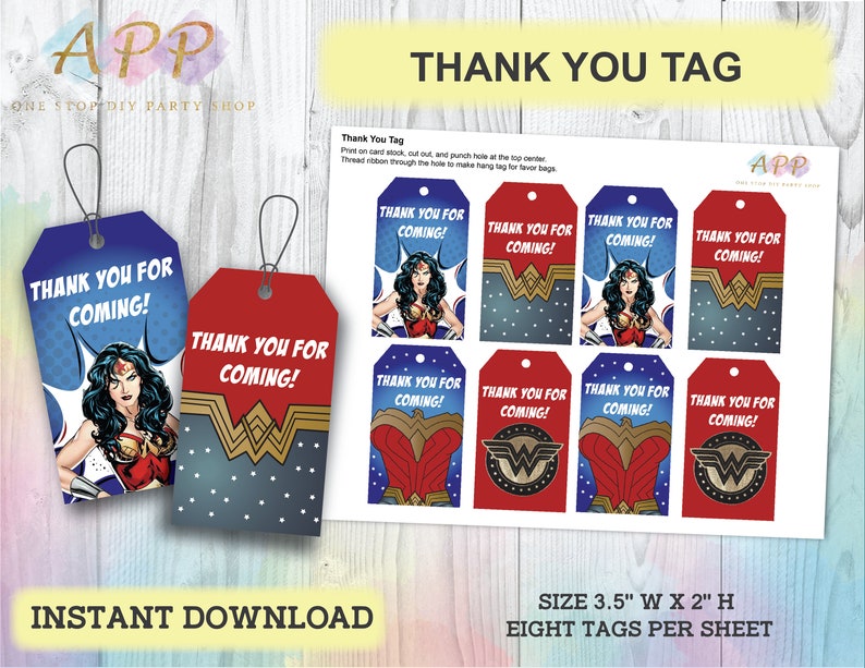 Wonder Woman Thank You Tags Super Hero Party Decorations Etsy