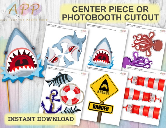 Shark Center Pieces, Shark Party Photo Booth Props, Shark Cut Outs