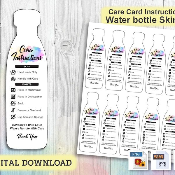 Water Bottle Skinny Instructions Care Card, Washing Care Instructions, Printable Care Instruction Card, Ready to Print Insert Card PDF, PNG