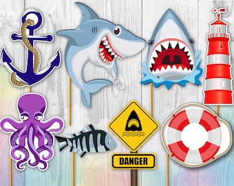 Shark Center Pieces, Shark Party Photo Booth Props, Shark Cut Outs