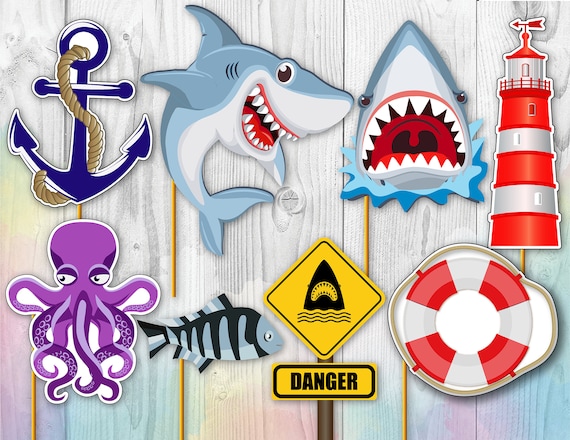 Shark Center Pieces, Shark Party Photo Booth Props, Shark Cut Outs,  Birthday Party Printables Décor, Under the Sea Party Decoration 