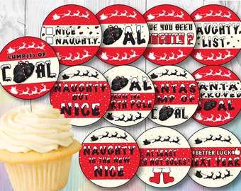 Christmas Lump of Coal Cupcake Toppers, Coal Stickers, North Pole Coal Printables, Coal Décor Theme, Nice Naughty, Instant Digital Download