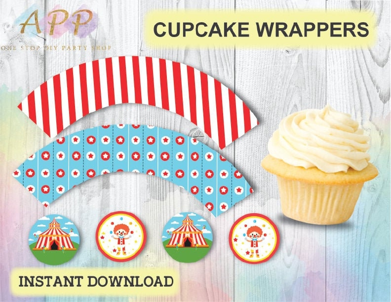 Circus Cupcake Wrappers Toppers Vintage Carnival DIY Decorations Birthday Party Printables Dcor Birthday Theme Instant