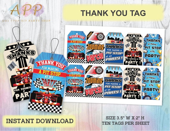 Race Car Thank You Tags Cards Hot Wheels Party Decorations Etsy