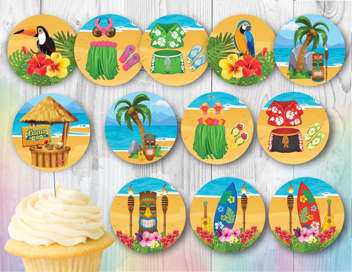 Hawaiian Cupcake Toppers Island Birthday Party Printables | Etsy