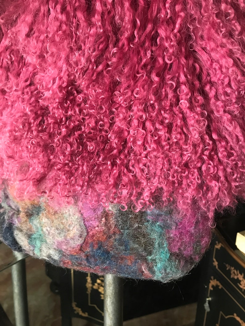 giveback to charity, jewel tones teal charcoal designer purse rose Real Mongolian Lamb Fur embellished felted wool fall tote handbag