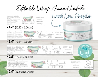 1" Wrap Around Label Template for Short Jars, Low Profile Jar Labels, 2, 4, 6 oz Tin Container, Candle Labels. Watercolor Bathtub Design.