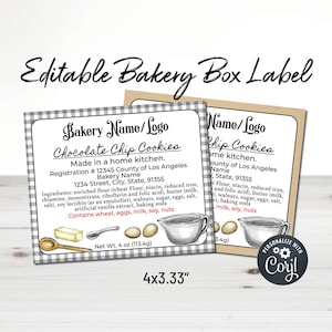 Cottage Law Bakery, Food Label, Home Bakery Box Label Template. Ingredients List, Cake, Cupcake, Cookie, Brownie, Pie, Printable Jar Label.
