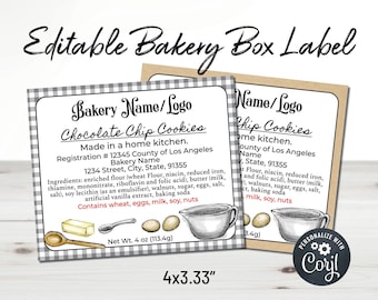 Cottage Law Bakery, Food Label, Home Bakery Box Label Template. Ingredients List, Cake, Cupcake, Cookie, Brownie, Pie, Printable Jar Label.