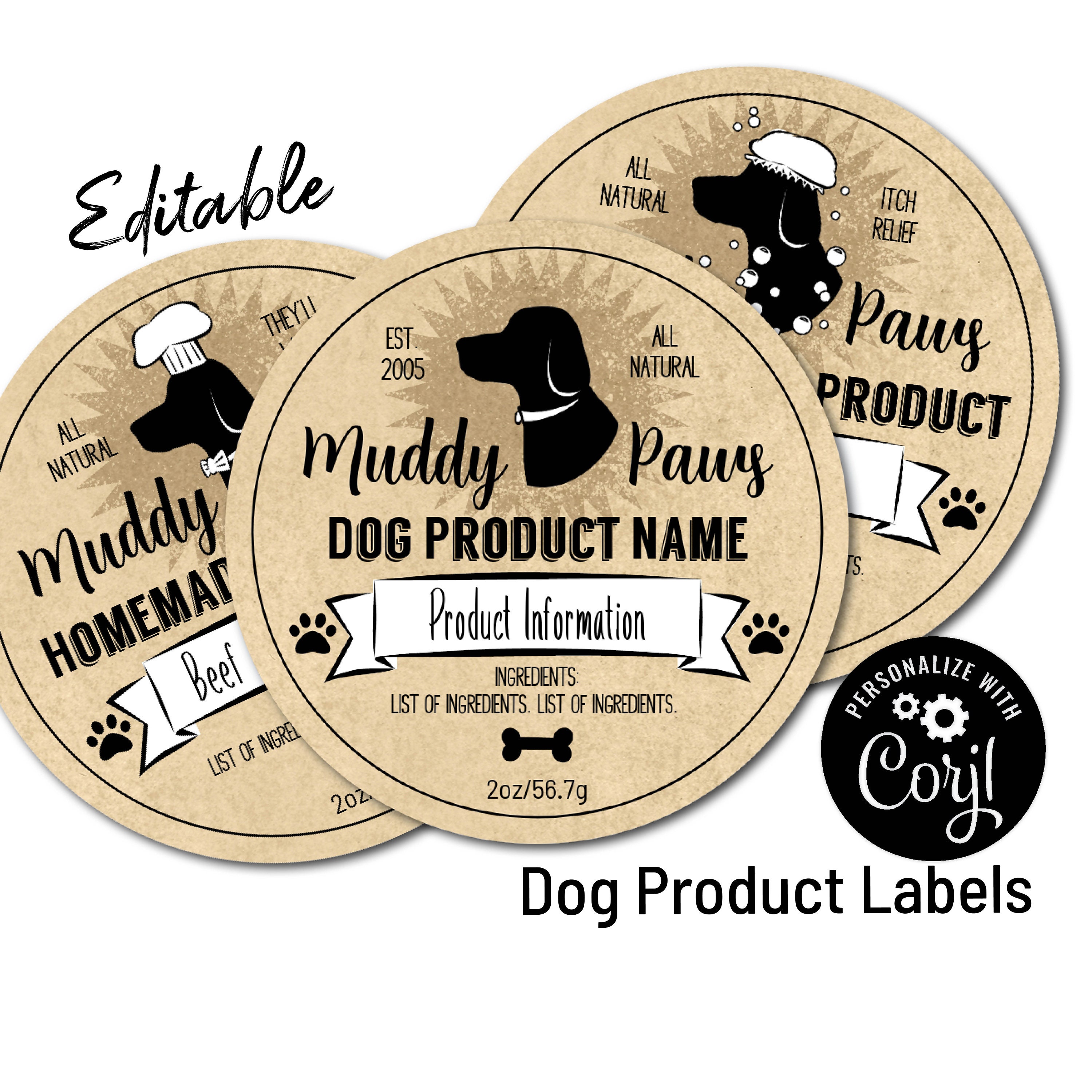 Editable Homemade Dog Product Labels with Dog Food, Dog Grooming. Customize  Online w/ Corjl. Download & Print. Labels for Jars, Dog Treats. Regarding Dog Treat Label Template