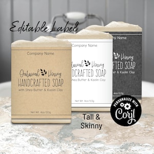 Editable Soap Label Template. Tall & Skinny Natural and Sophisticated Soap Packaging. Customize, Personalize Online. Download and Print.