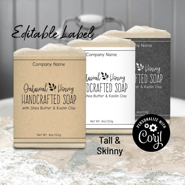 Editable Soap Label Template. Tall & Skinny Natural and Sophisticated Soap Packaging. Customize, Personalize Online. Download and Print.