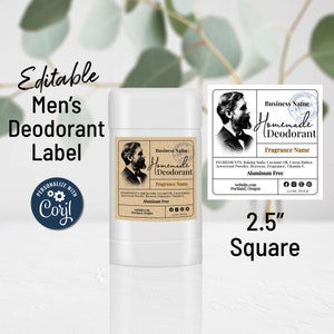 Modèle d'étiquette de déodorant pour homme, tube de lotion, étiquette d'emballage de produit carrée modifiable de 2,5 pouces, homme barbu. Modifier en ligne, télécharger et imprimer.