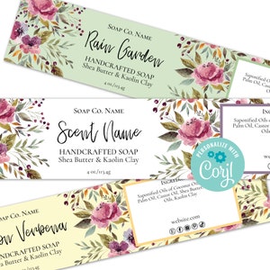 Modello di etichetta per sapone con motivo floreale ad acquerello. Etichette avvolgenti stampabili, confezioni fai da te con fascetta per sapone personalizzata. Modifica online, quindi scarica e stampa.
