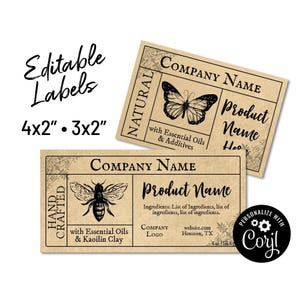 Modelo de rótulo de produto personalizado, Abelha e Borboleta Boticário. 10x5 cm + 7,5x5 cm. Edite online, baixe. Embalagens DIY para potes, garrafas, sacolas e velas.