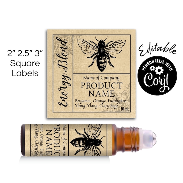 Editable Square Product Label Template- Apothecary Bee. 2-3". Labels for Jars, Bottles, Candles, Tags. Personalize Online, Download & Print.