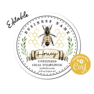 Vintage Bee Honey Label Template. Custom Round Label for Honey Jars, Beeswax Candles. Vintage Honey Bee & Honeycomb Digital Design for Honey