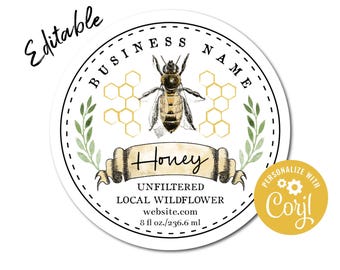 Vintage Bee Honey Label Template. Custom Round Label for Honey Jars, Beeswax Candles. Vintage Honey Bee & Honeycomb Digital Design for Honey