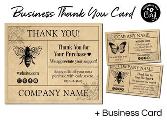 Editable Small Business Thank You Cards + Business Card Template Set. Apothecary Bee & Butterfly. Edit Online. DIY Download and Print.