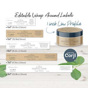 Pode incluir: Imagem de etiquetas envolventes editáveis para produtos caseiros. As etiquetas estão disponíveis em vários tamanhos, incluindo 10,16 x 2,54 cm, 15,24 x 2,54 cm, 17,78 x 2,54 cm e 22,86 x 2,54 cm. Apresentam "Homemade Product Name Cocoa Butter."