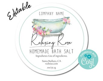 Editable Product Label for Jars, Candles, Soap, Stickers. Circle Watercolor Bathtub. Edit Product Label Template Online, Download & Print.