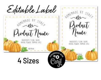 May include: White labels with a dashed yellow border, featuring the text "Editable Label" and "Homemade by Stacy." The labels include "Product Name" and ingredient details, along with watercolor pumpkins and the text "4 Sizes."