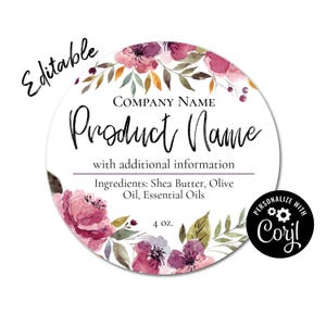 Floral Watercolor Round Label: Editable Product Label Template  (Digital Corjl Template)