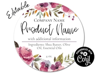 Floral Watercolor Round Label: Editable Product Label Template  (Digital Corjl Template)