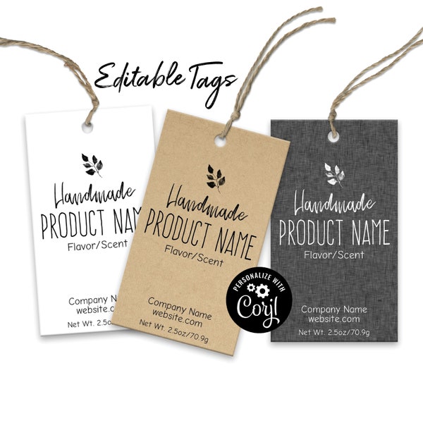 Editable Printable Product Tag Template, Natural & Sophisticated Tags for Handmade Items, Stockings, Clothing, Blankets, Labels, Hats, Gifts