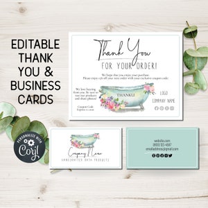 Cartões de agradecimento editáveis para pequenas empresas + modelo de cartão de visita. Encartes personalizados para pedidos de compra com banheira e sabonete.