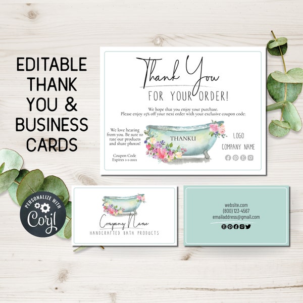 Editable Small Business Thank You Cards + Business Card Template. Printable Custom Thank You for Purchase Order Inserts with Bathtub, Soap.