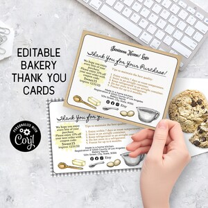 Modello per biglietto di ringraziamento e assistenza per pasticceria. Istruzioni personalizzate per torte, biscotti e cottura. Biglietto di ringraziamento per piccole attività di pasticceria, stampabile e modificabile.
