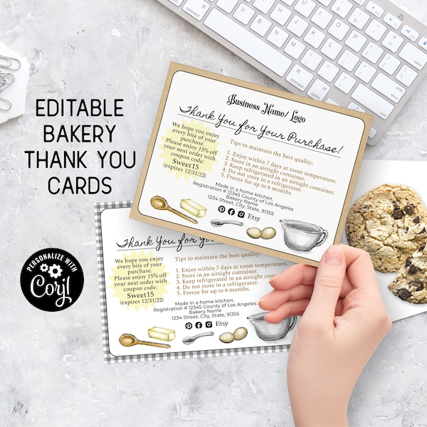 Baking Thank You + Care Card Template. Custom Cake, Cookie, Baking Instructions. Printable, Editable Small Business Bakery Thank You Card.