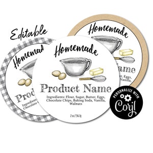 Etiqueta para repostería casera. Plantilla editable de pegatinas circulares. Personaliza online, descarga e imprime. Etiquetas redondas para frascos, cajas de repostería y la ley de la cabaña.
