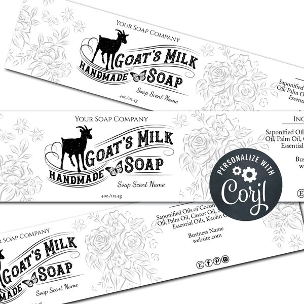Goats Milk Soap Label. Editable Soap Packaging. Horizontal Cigar Band Template. Customize, Personalize w/ Corjl Online. Download and Print.