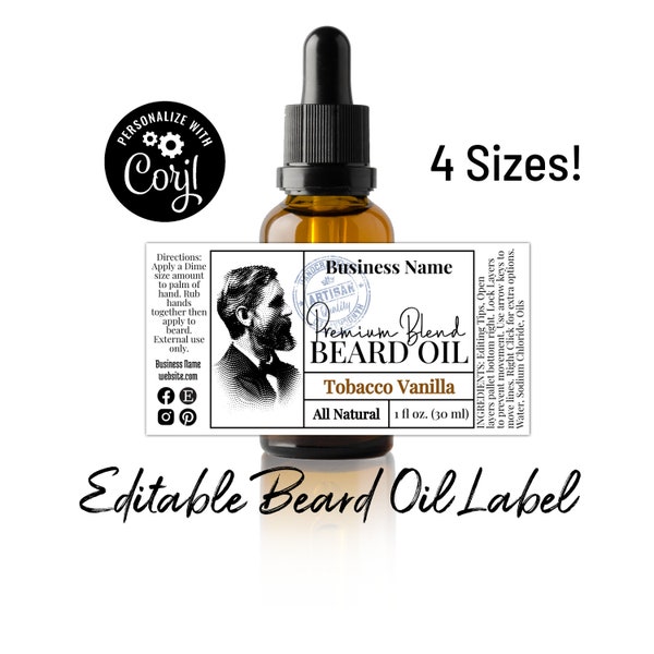 Beard Oil Bottle Label Template with Bearded Man. Customize Online. Download & Print. Editable Printable Oil Bottle Label. Fit 1-2 Ounces.