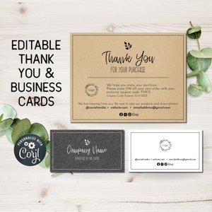 Set bedankkaartjes voor kleine bedrijven en sjabloon voor visitekaartjes. Natuurlijk en verfijnd ontwerp. Online bewerken met Corjl. Zelf downloaden en afdrukken.