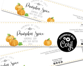 May include: White soap label with watercolor pumpkins and the text "Pumpkin Spice Homemade Soap with Shea Butter." The label also includes the text "Homemade by Stacy" and "4 oz/113.4g."