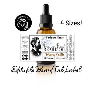 Beard Oil Bottle Label Template with Bearded Man. Customize Online. Download & Print. Editable Printable Oil Bottle Label. Fit 1-2 Ounces.
