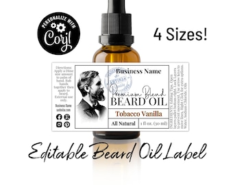 Beard Oil Bottle Label Template with Bearded Man. Customize Online. Download & Print. Editable Printable Oil Bottle Label. Fit 1-2 Ounces.