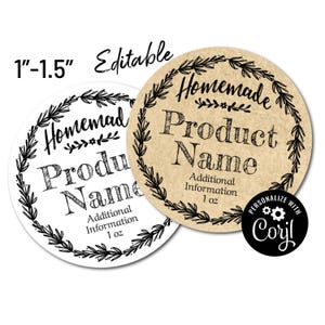 May include: Two round, editable labels with a homemade theme. One label is white, the other is tan. Both have a black floral border and text that reads "Homemade Product Name" and "Additional Information 1 oz". The labels are 2.5-3.8 cm in size.