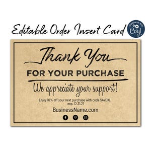 Editable Thank You for your Purchase Order Insert Cards with Kraft Paper. Edit, Customize, Personalize w/ Corjl Online. Download and Print.