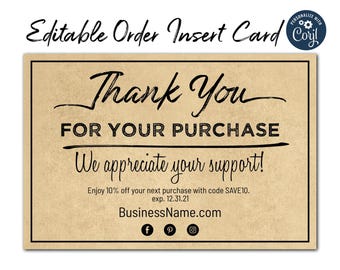 Editable Thank You for your Purchase Order Insert Cards with Kraft Paper. Edit, Customize, Personalize w/ Corjl Online. Download and Print.