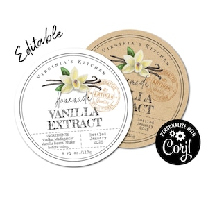 Plantilla de etiqueta para extracto de vainilla, etiqueta casera para vainilla, etiquetas redondas para frascos, velas, ambientador y especias. Edita en línea, descarga e imprime.