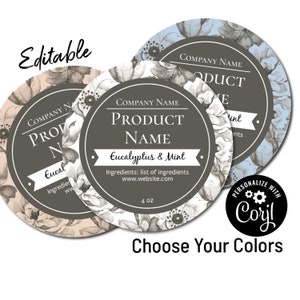 Round Product Label Etched Flowers. Edit Product Label Template Online, Download Print. Custom Packaging Candles, Soap, Mason Jars, Stickers