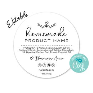 Modèle d&#39;étiquette de produit, autocollant d&#39;emballage de produit personnalisé. Personnalisez, téléchargez et imprimez. Étiquette des ingrédients pour bocaux, bougies, aliments, boulangerie.