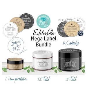 Wrap Around Label Template Bundle for Jars, 2, 4, 6, 8 oz Jar Labels, Tin Container, Natural & Sophisticated Candle, Body Butter Labels.