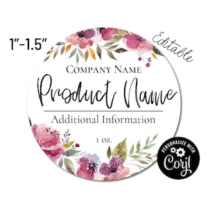 Mini Etiqueta Redonda Floral em Aquarela de 2,5 a 3,8 cm. Modelo de Etiqueta para Produto. Edite online, baixe e imprima. Etiquetas personalizadas para potes e garrafas.