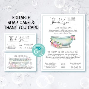 Modelos de cartões para cuidados com sabonetes, cartões de agradecimento para empresas de sabonetes + cartão de visita. Encartes personalizados para pedidos de agradecimento com banheira para impressão.